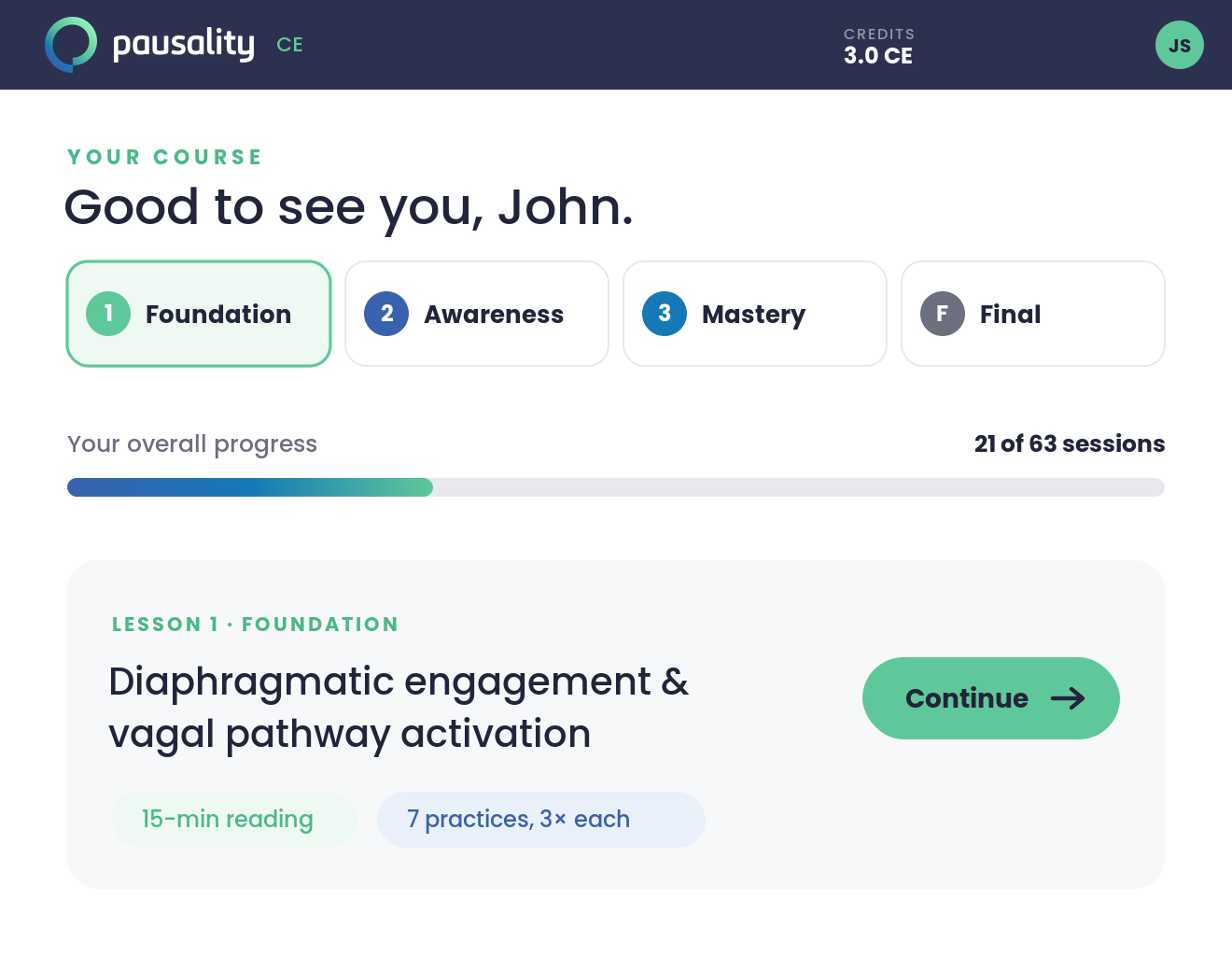 Pausality CE portal: Foundation tier active, auto-tracked progress, 21 of 63 sessions complete.